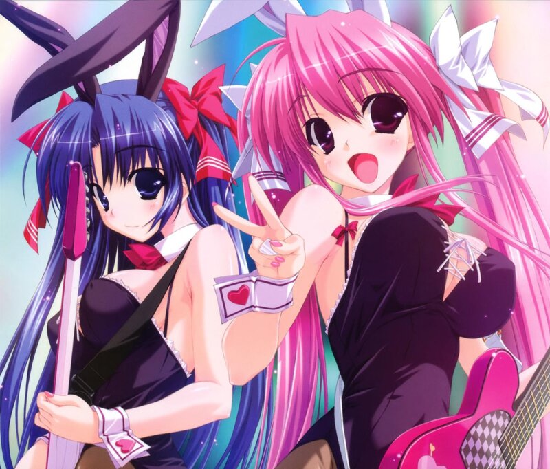 Two Anime Girls Posing — Pink, Playful, Guitar