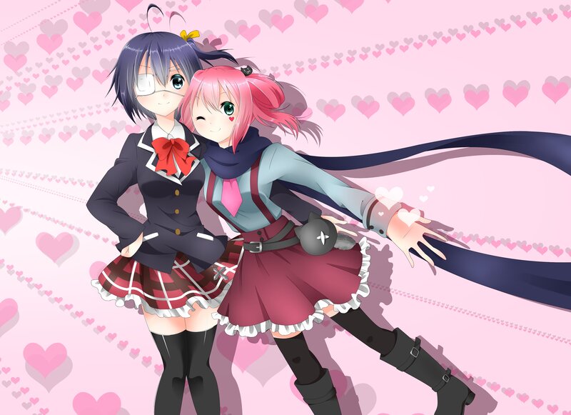 Two Anime Girls Posing — Pink, Playful, Hearts