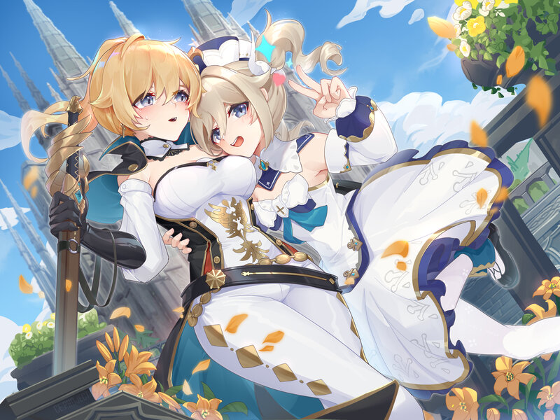 Two Anime Girls Posing — White, Cheerful