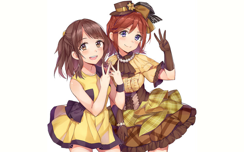 Two Anime Girls Posing — Yellow, Cheerful, Dresses