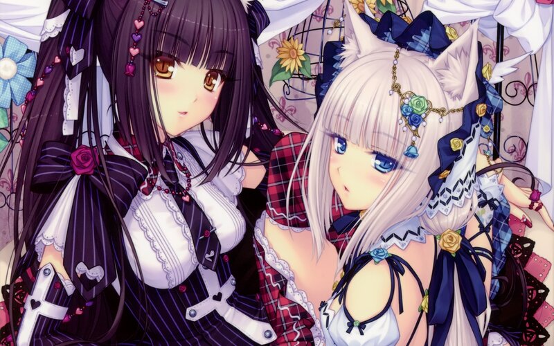Two Anime Girls — Purple, Calm, Cat Ears, Bows