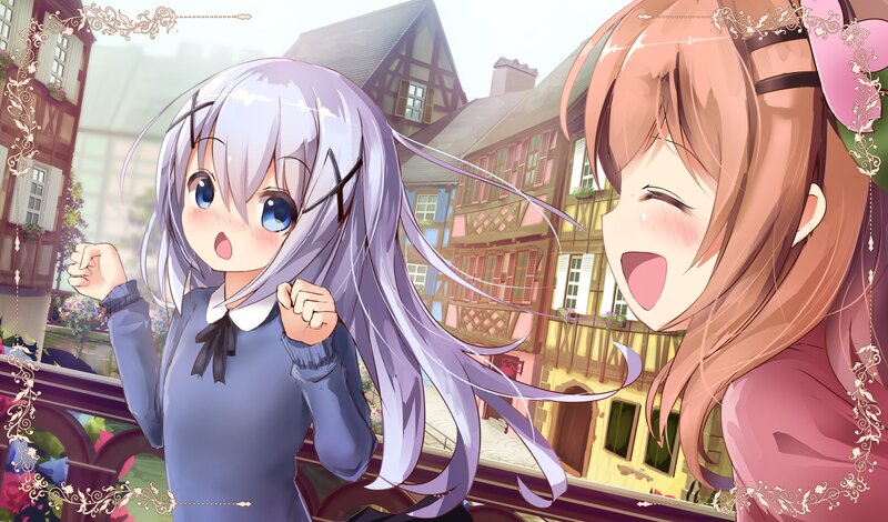 Two Anime Girls — Purple, Cheerful, Afternoon, Buildings
