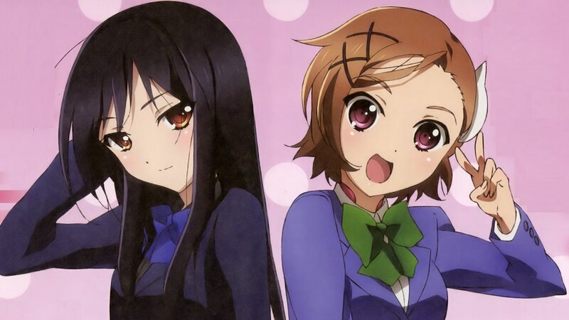 Two Anime Girls — Purple, Cheerful, School Uniform