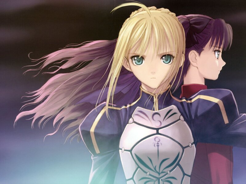 Two Anime Girls — Purple, Dramatic, Armor, Long Hair, Green Eyes