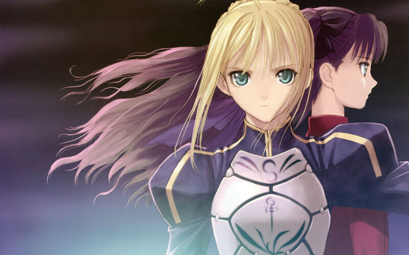 Two Anime Girls — Purple, Dramatic, Armor, Long Hair, Wind