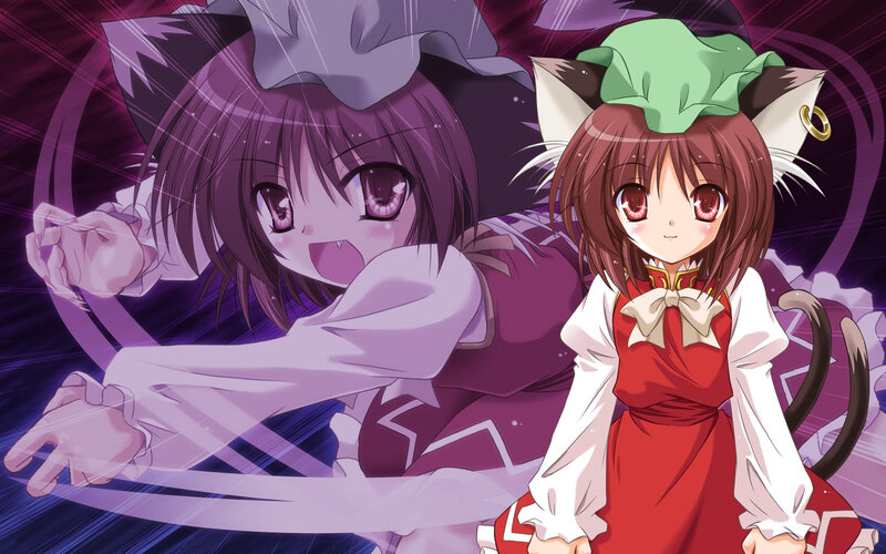 Two Anime Girls — Purple, Dramatic, Cat Ears, Cat Tail