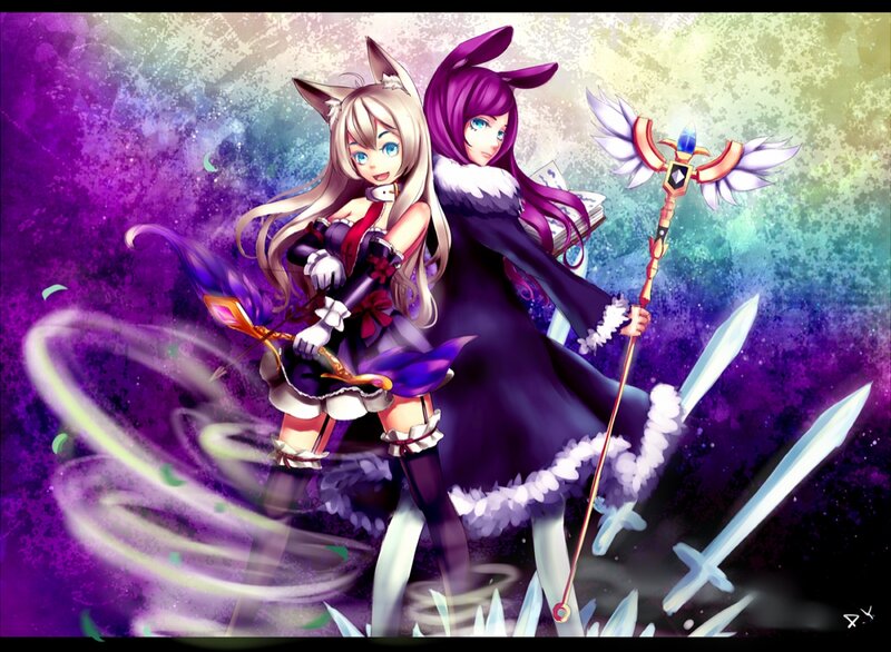Two Anime Girls — Purple, Dramatic, Digital Art, Swords