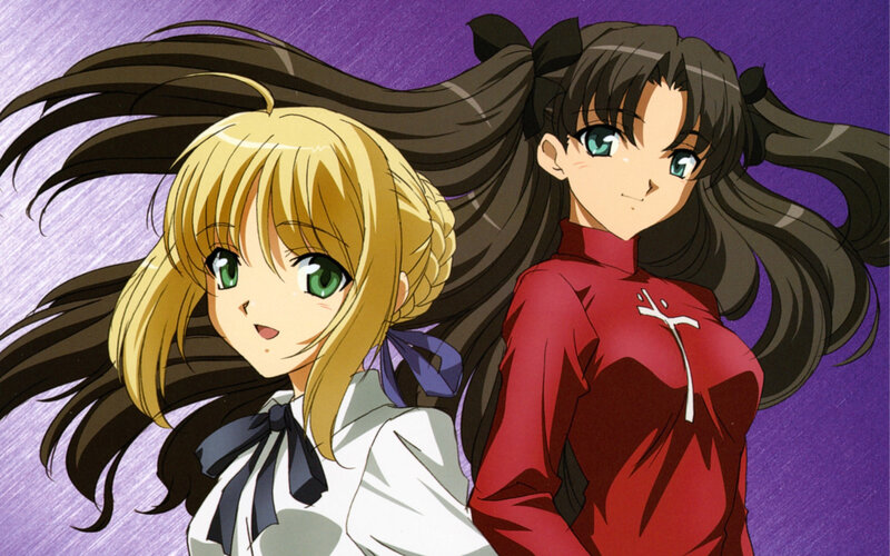 Two Anime Girls — Purple, Dramatic, Long Hair, Green Eyes