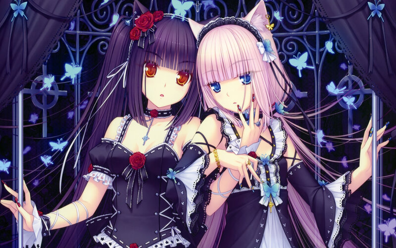 Two Anime Girls — Purple, Dramatic, Night, Butterflies
