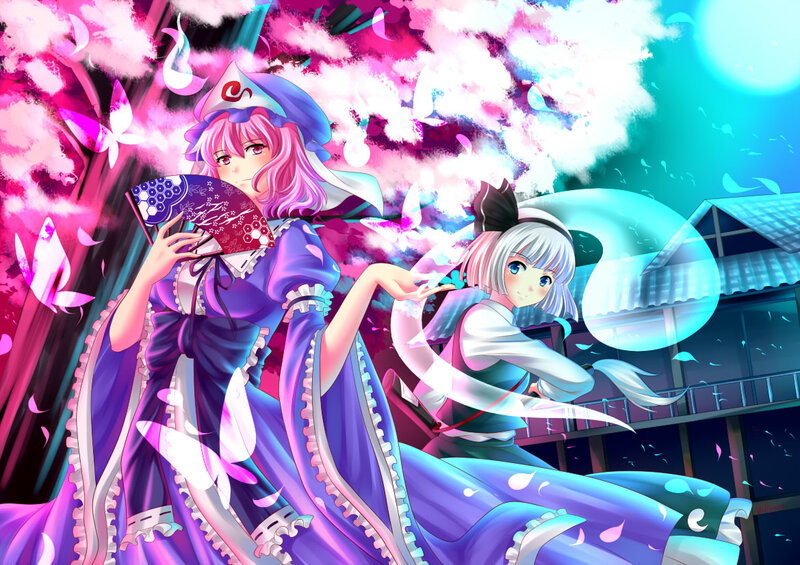 Two Anime Girls — Purple, Dramatic, Night, Digital Art, Cherry Blossoms
