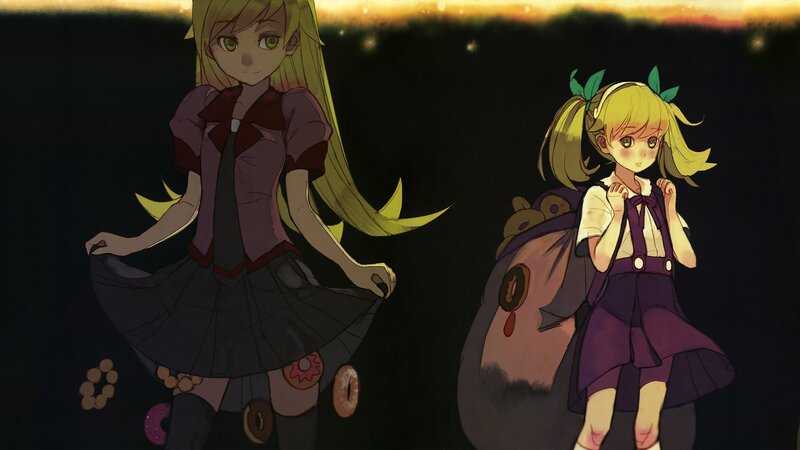 Two Anime Girls — Purple, Dramatic, Night, Donuts