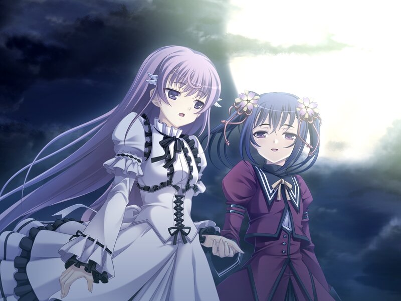 Two Anime Girls — Purple, Dramatic, Night, Flowers
