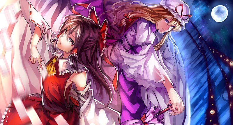 Two Anime Girls — Purple, Dramatic, Night, Moon, Umbrella
