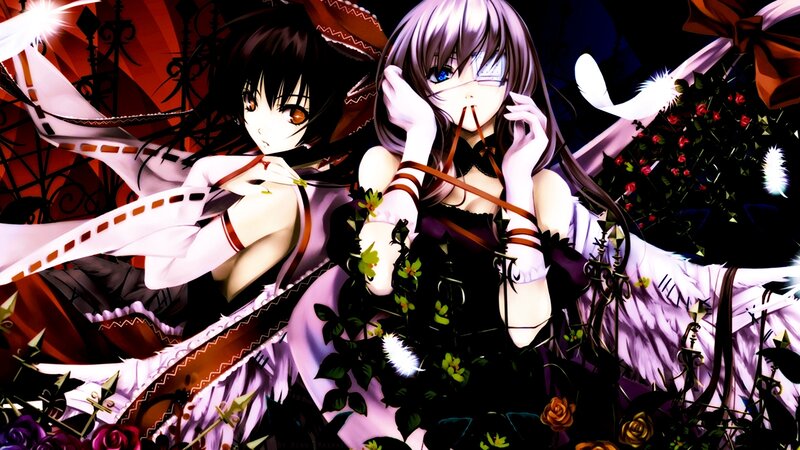 Two Anime Girls — Purple, Dramatic, Night, Wings, Roses