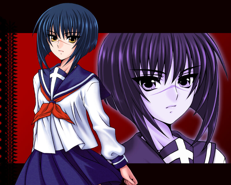 Two Anime Girls — Purple, Dramatic, School Uniform, Red Background
