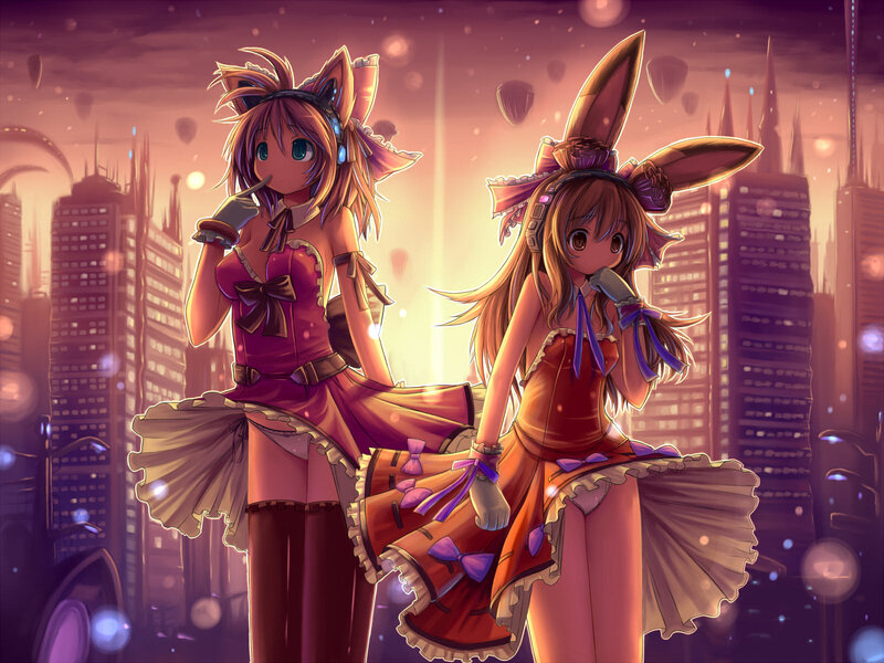 Two Anime Girls — Purple, Dramatic, Sunset, Cityscape