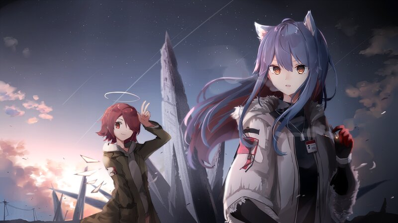 Two Anime Girls — Purple, Dramatic, Sunset, Digital Art