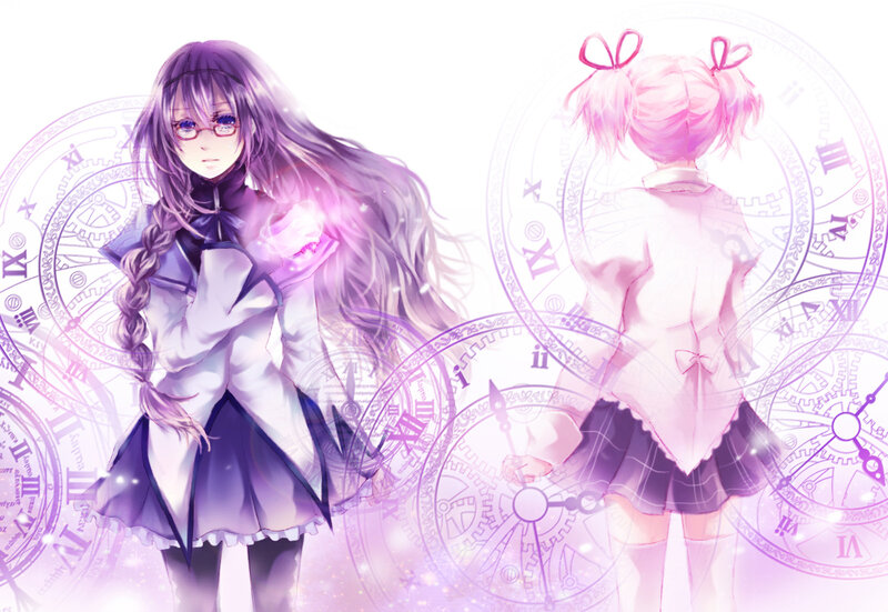 Two Anime Girls — Purple, Dreamy, Clocks