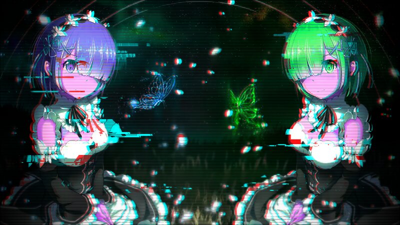 Two Anime Girls — Purple, Dreamy, Night, Digital Art, Glitch Effect