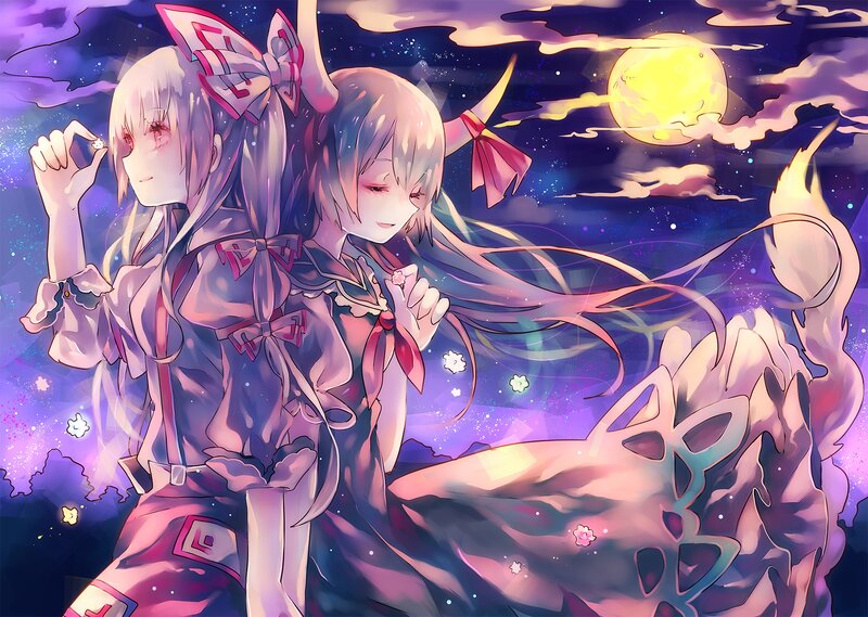 Two Anime Girls — Purple, Dreamy, Night, Digital Art, Moon