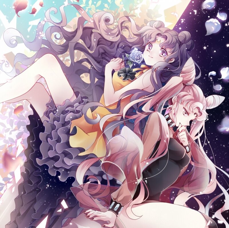 Two Anime Girls — Purple, Dreamy, Night, Flowers