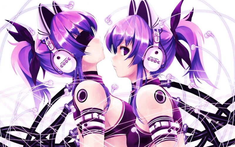 Two Anime Girls — Purple, Dynamic, Headphones