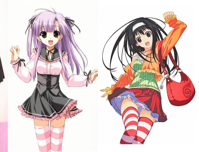 Two Anime Girls — Purple, Energetic, School Uniform, Handbag