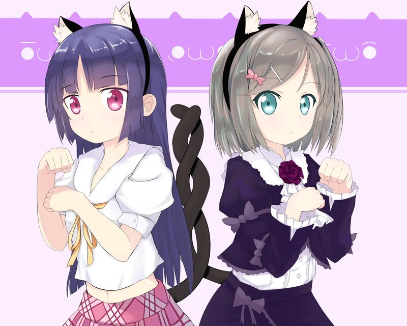 Two Anime Girls — Purple, Playful, Cat Ears, Cat Tails