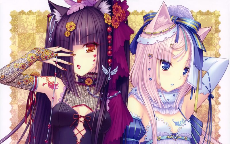 Two Anime Girls — Purple, Playful, Cat Ears, Flowers