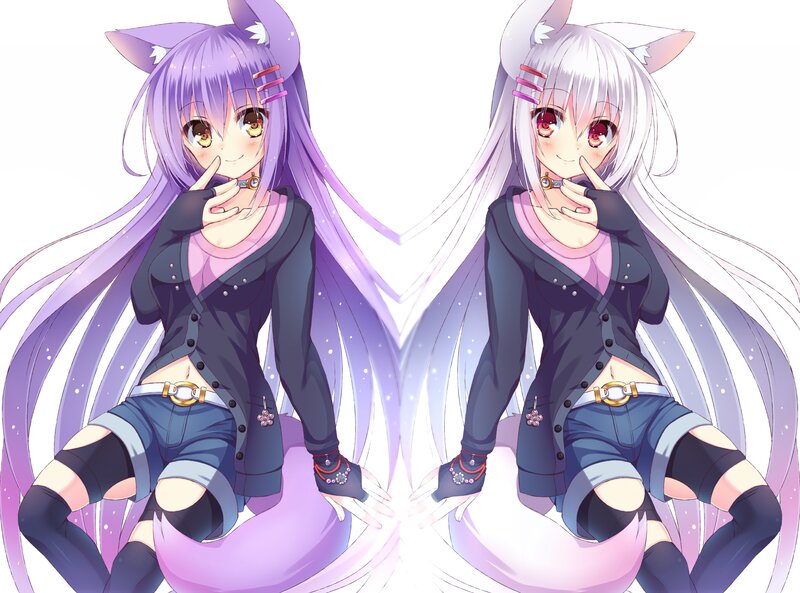 Two Anime Girls — Purple, Playful, Cat Ears, Long Hair, Shorts