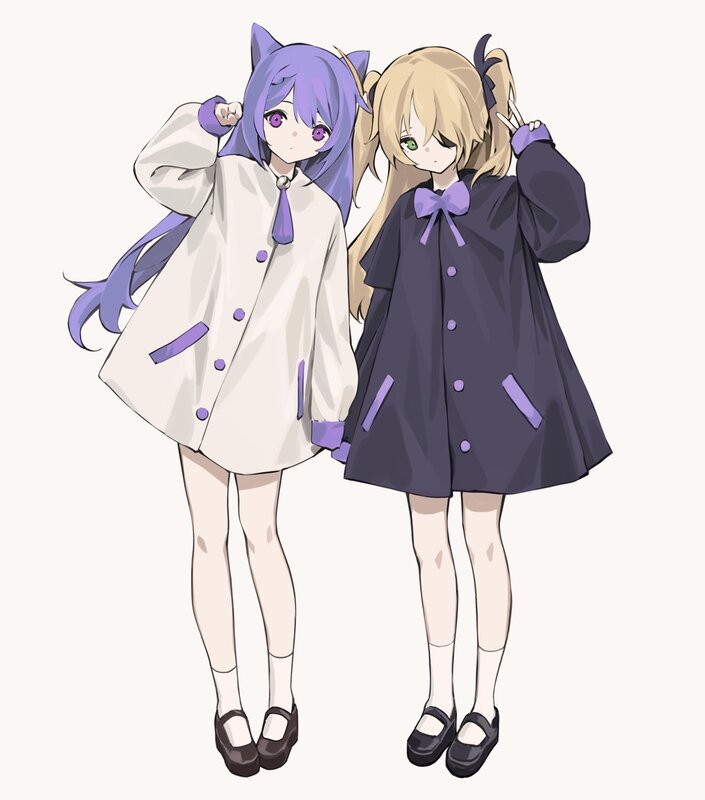 Two Anime Girls — Purple, Playful, Cat Ears, Pigtails