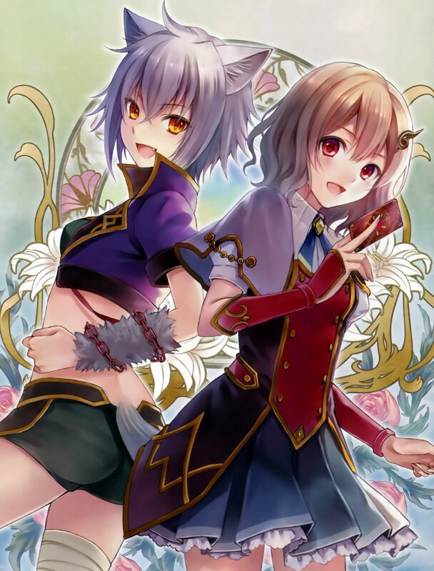 Two Anime Girls — Purple, Playful, Cat Ears, Red Eyes