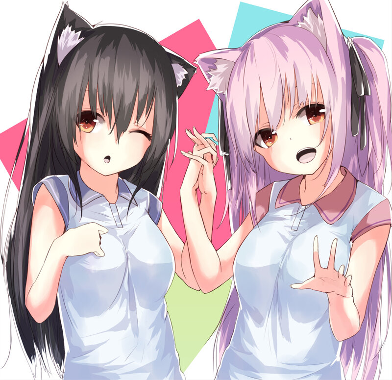 Two Anime Girls — Purple, Playful, Cat Ears, School Uniform