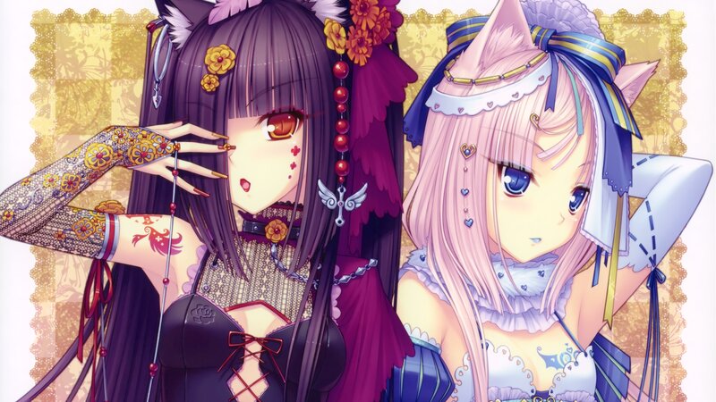 Two Anime Girls — Purple, Playful, Cat Ears, Tattoos