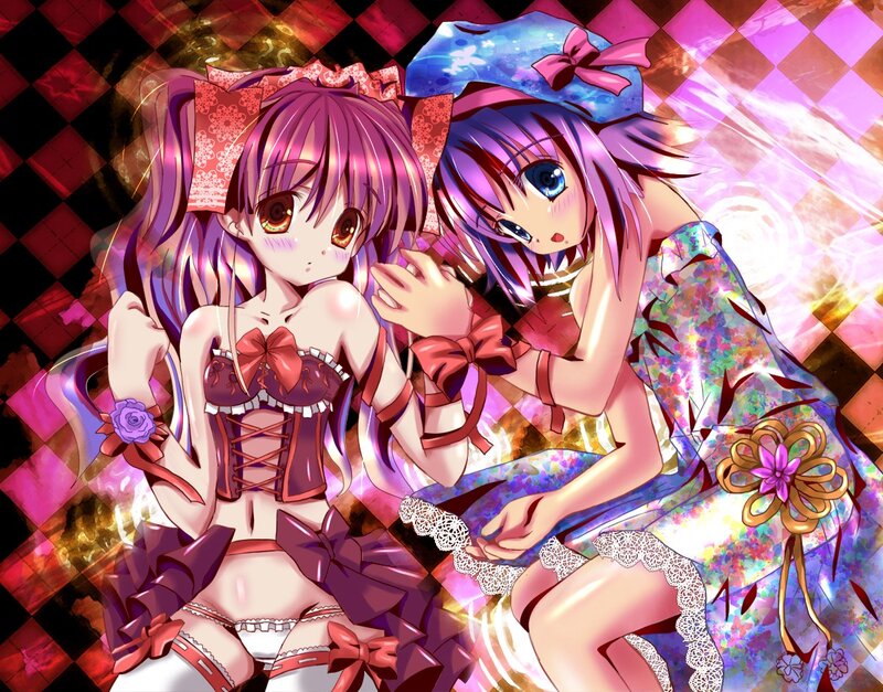 Two Anime Girls — Purple, Playful, Dresses, Bows, Hair