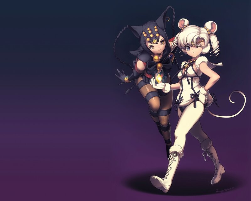 Two Anime Girls — Purple, Playful, Night, Digital Art