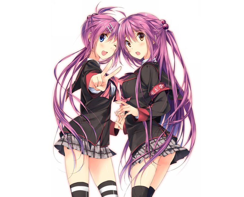 Two Anime Girls — Purple, Playful, School Uniform