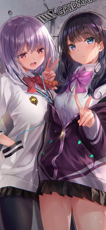 Two Anime Girls — Purple, Playful, School Uniforms, Peace Signs