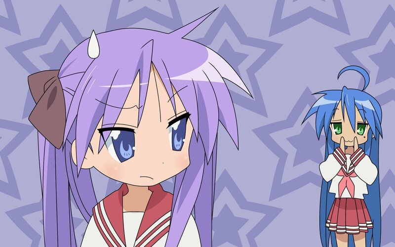 Two Anime Girls — Purple, Playful, School Uniforms, Stars