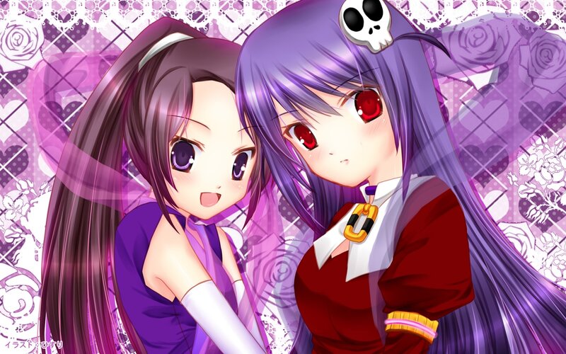 Two Anime Girls — Purple, Playful, Skull Accessory