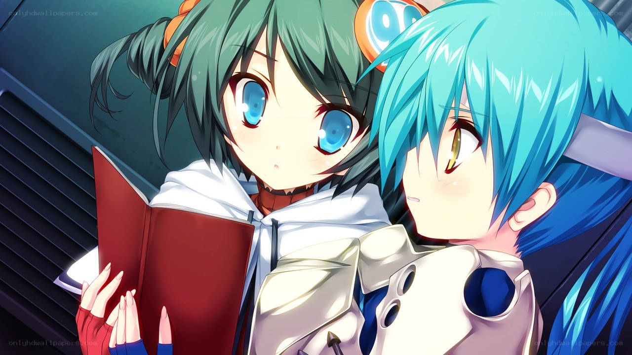 Two anime girls reading together