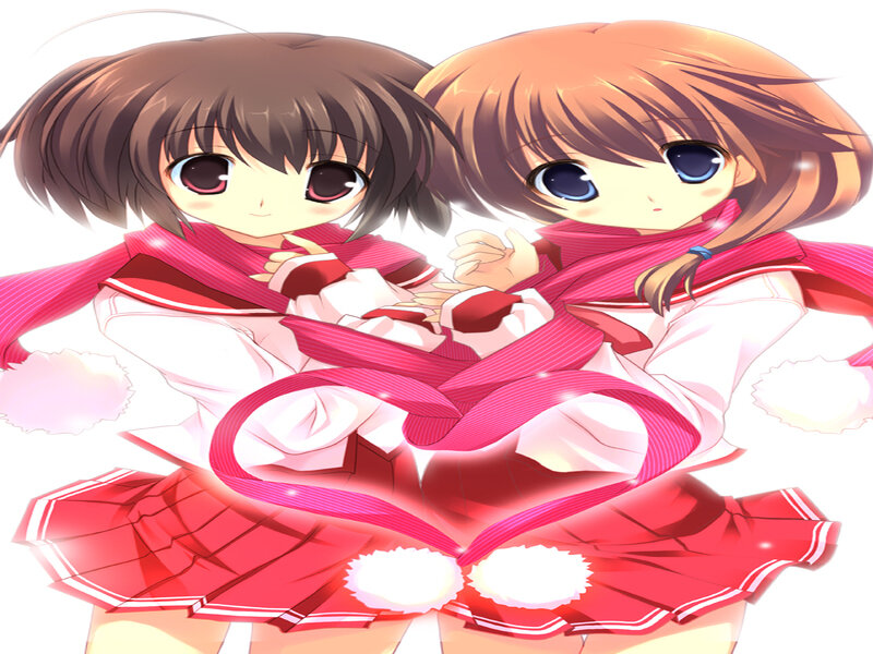 Two Anime Girls — Red, Cheerful, Scarves