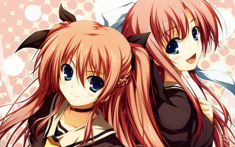 Two Anime Girls — Red, Cheerful, School Uniform