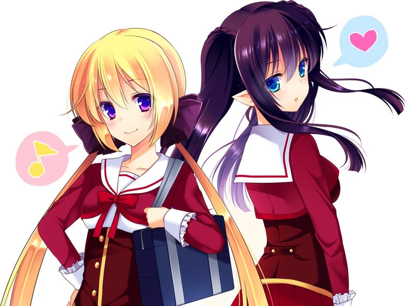 Two Anime Girls — Red, Cheerful, School Uniforms