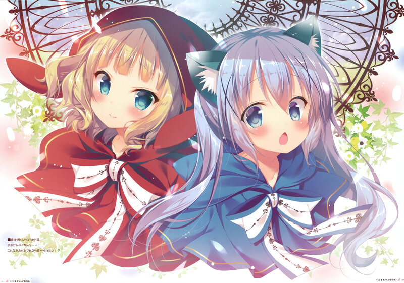 Two Anime Girls — Red, Cheerful, Spring, Red Cloak