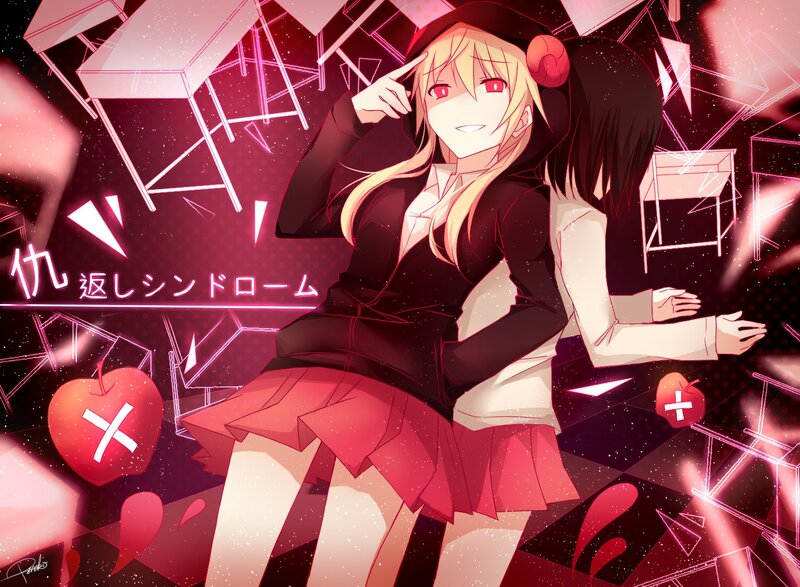 Two Anime Girls — Red, Dramatic, Apples