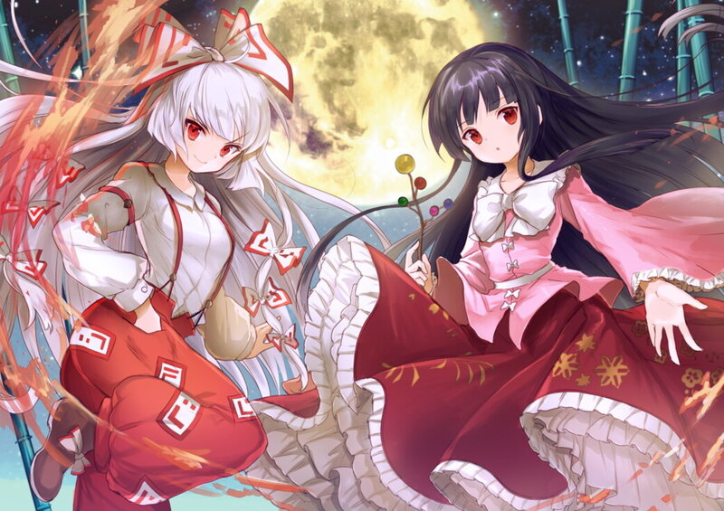 Two Anime Girls — Red, Dramatic, Night, Moon, Bamboo
