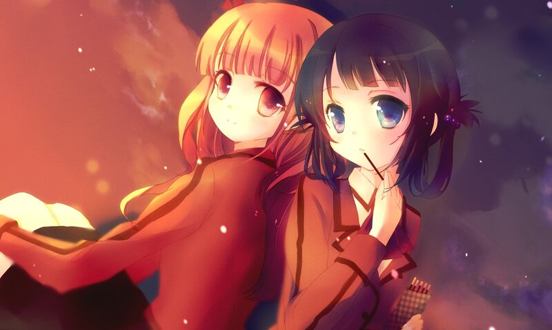 Two Anime Girls — Red, Dramatic, Night, School Uniforms