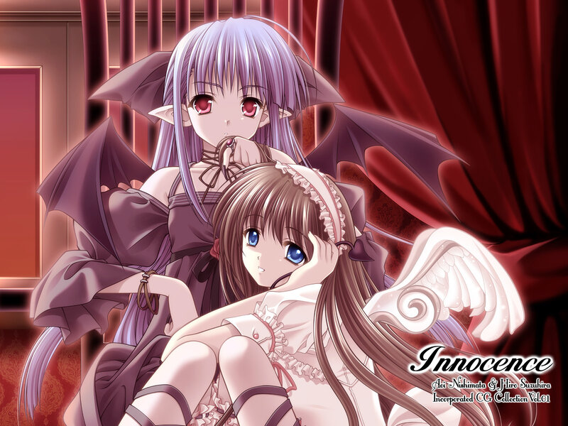 Two Anime Girls — Red, Dramatic, Wings, Bat Wings, Curtains