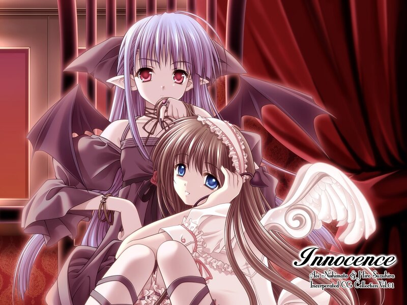 Two Anime Girls — Red, Dramatic, Wings, Bat Wings